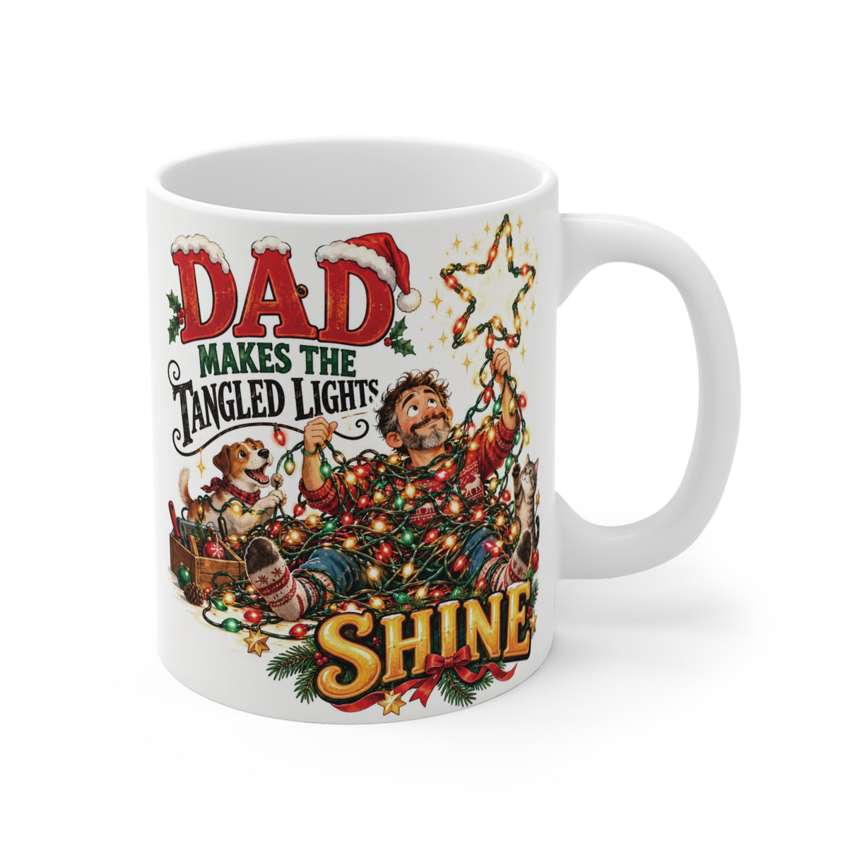 White 11oz ceramic coffee mug featuring a funny Christmas design of a dad tangled in colorful Christmas lights with a dog putting up a star