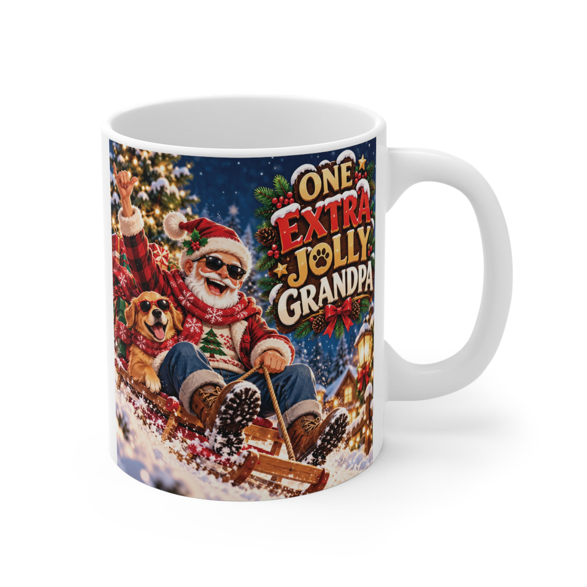 One Extra Jolly Grandpa 11oz ceramic coffee mug featuring Santa Claus and a golden retriever wearing sunglasses on a Christmas sleigh ride.