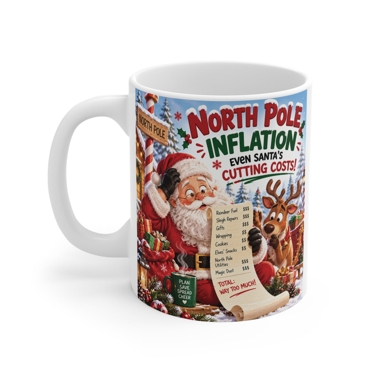 Colorful North Pole Inflation Santa mug with reindeer and Christmas expenses, a funny holiday gift for coworkers, friends and family.