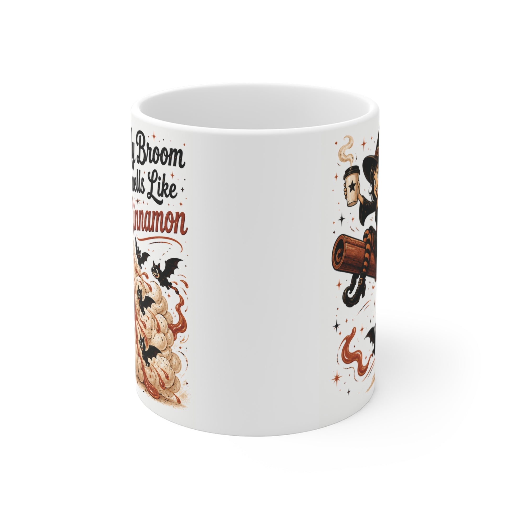 Funny Halloween witch riding a giant cinnamon stick with the quote "My Broom Smells Like Cinnamon" on an 11oz ceramic coffee mug, surrounded by bats, whipped cream clouds, and cozy autumn magic.