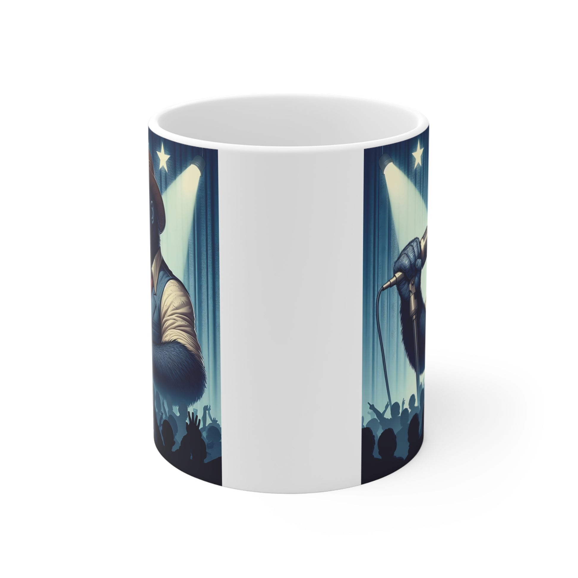 Funny gorilla country singer mug featuring an ape in cowboy hat singing into a retro microphone under stage lights and stars.