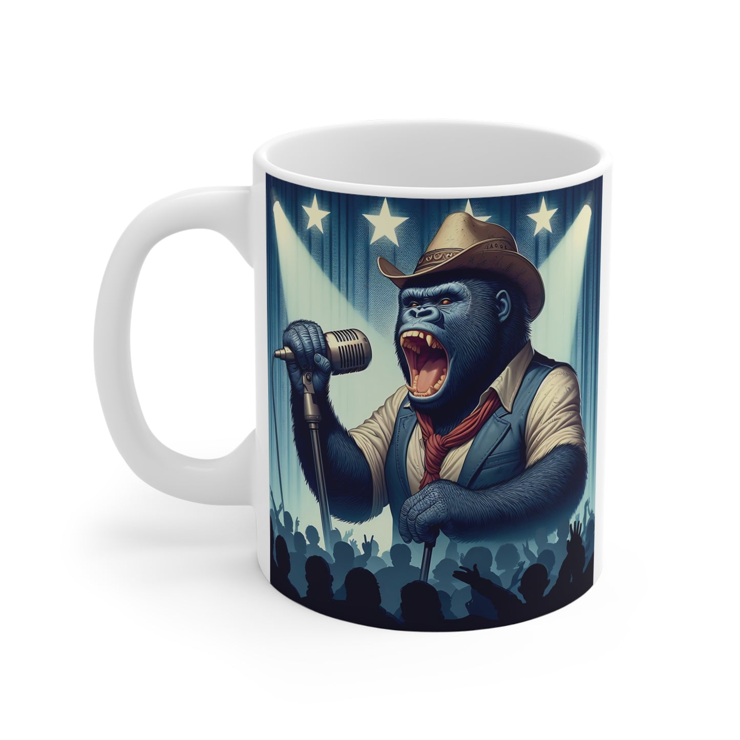 Blue gorilla rockstar coffee cup design with western outfit, live concert scene, spotlight background, and bold animal artwork for music lovers.
