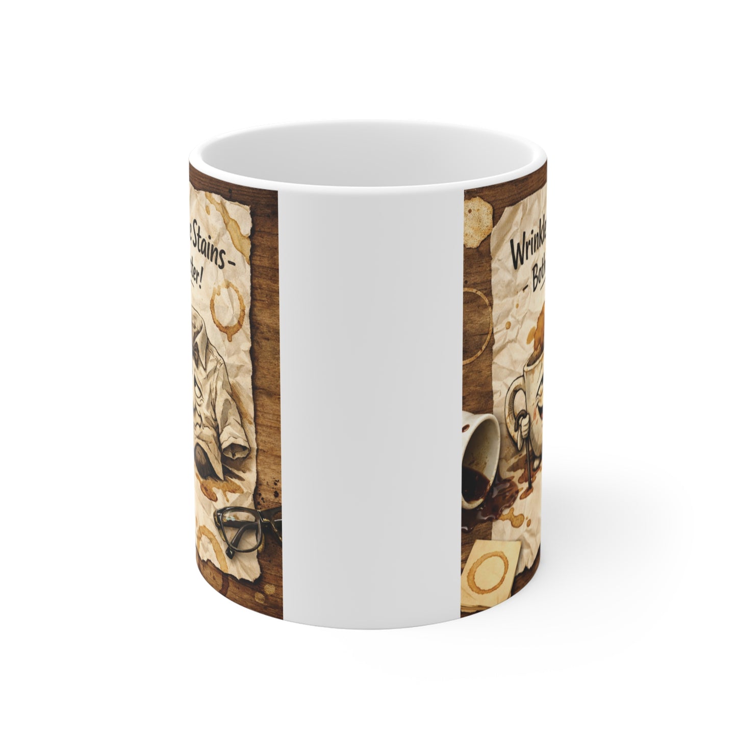 Funny inspirational coffee mug with vintage artwork celebrating aging, coffee lovers, and life's imperfections.