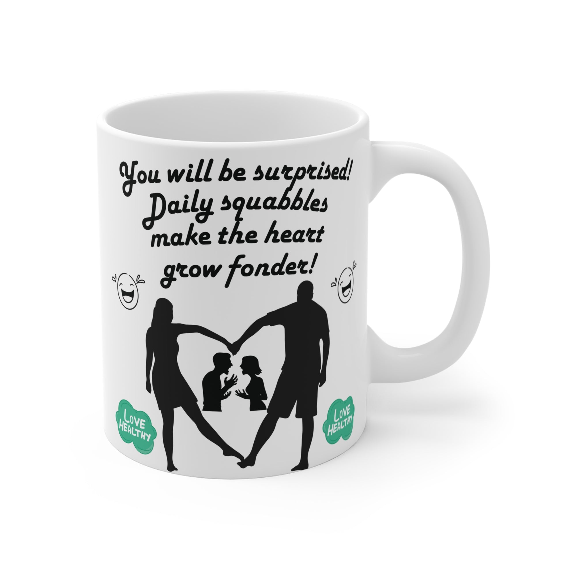 Funny relationship mug with quote “Daily squabbles make the heart grow fonder” and family silhouette design
