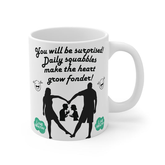Funny relationship mug with quote “Daily squabbles make the heart grow fonder” and family silhouette design