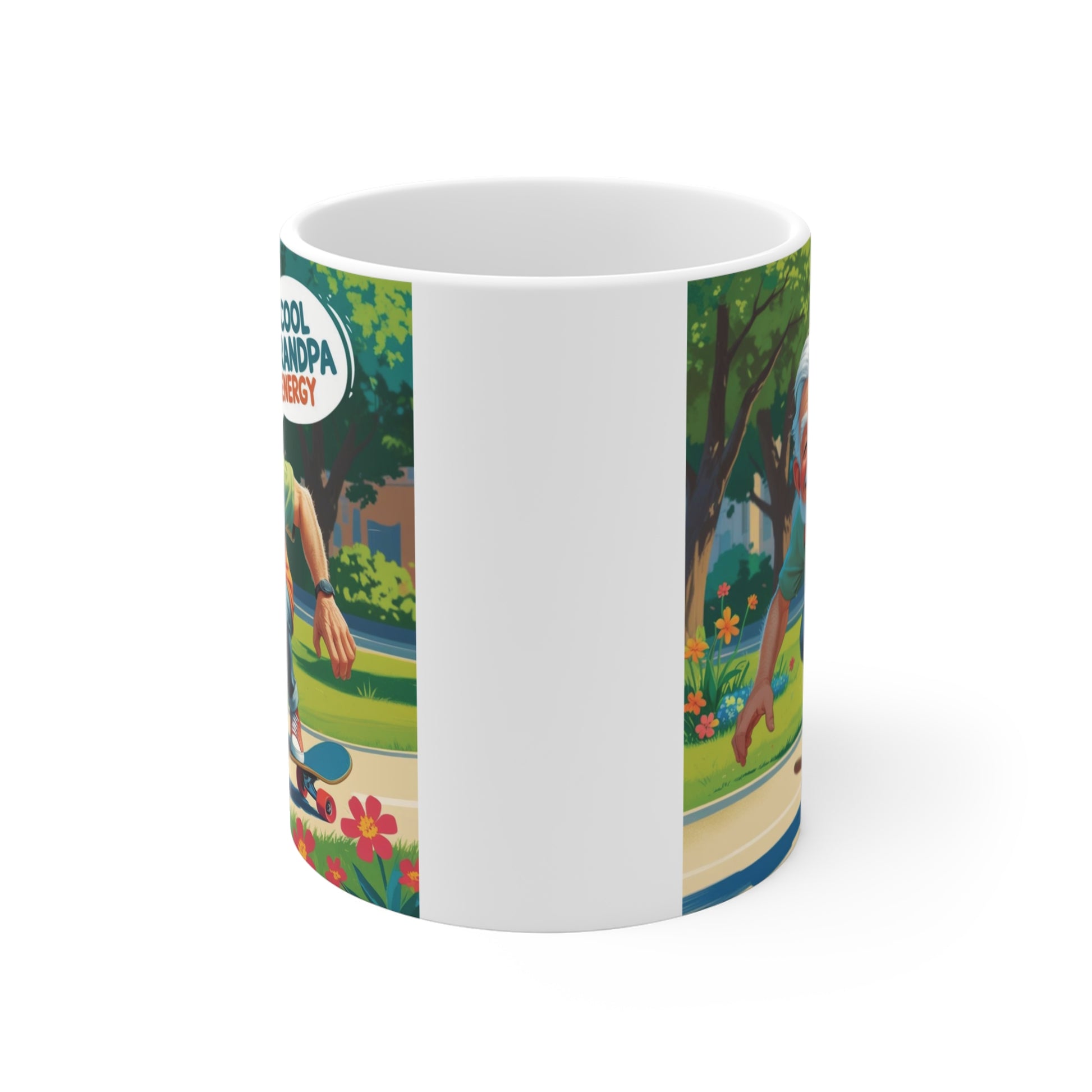 White ceramic grandpa coffee mug with colorful Cool Grandpa Energy design showing a happy grandfather skateboarding in a park setting.