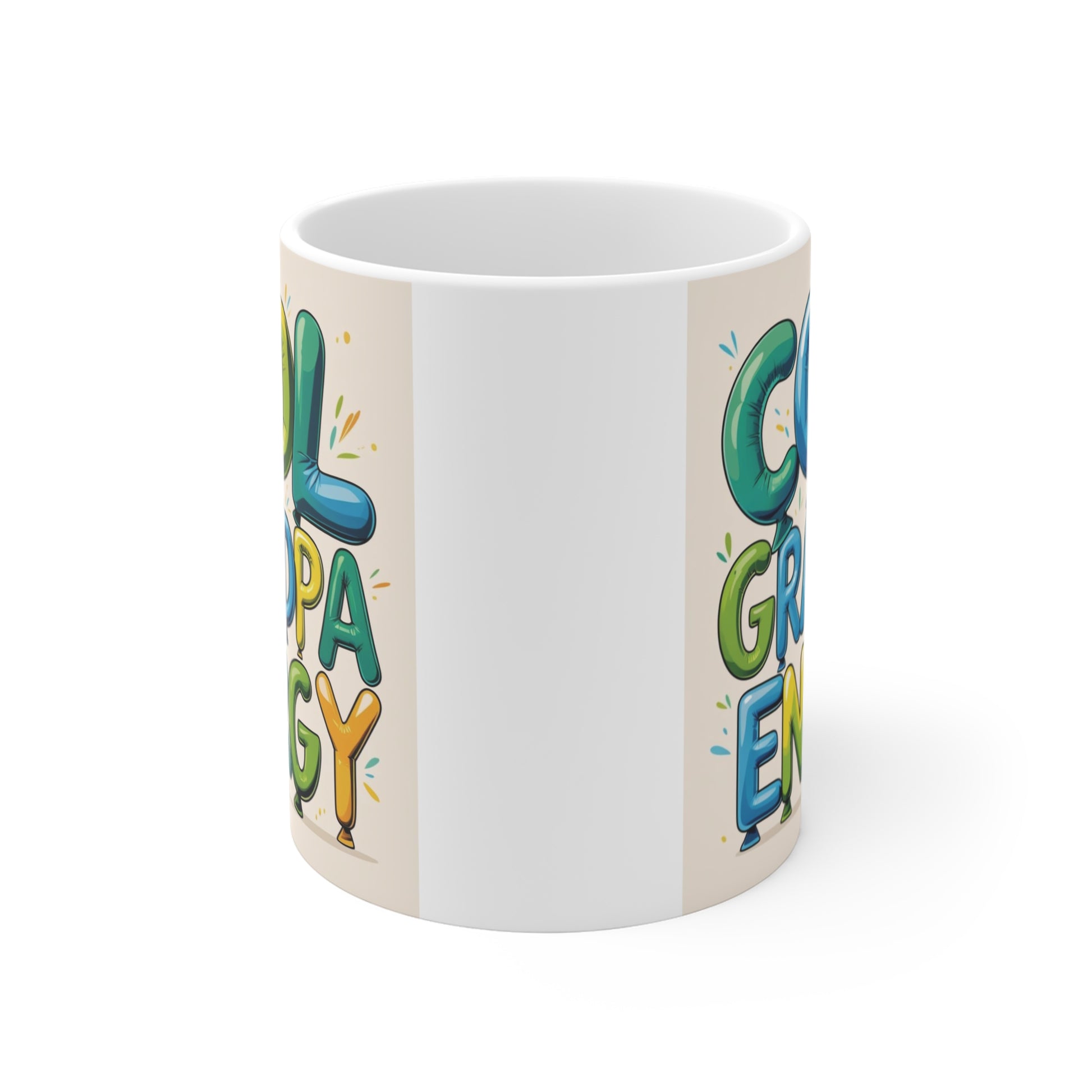 White ceramic mug with vibrant Cool Grandpa Energy design, ideal birthday gift, Father's Day gift, and Christmas present for grandpa.