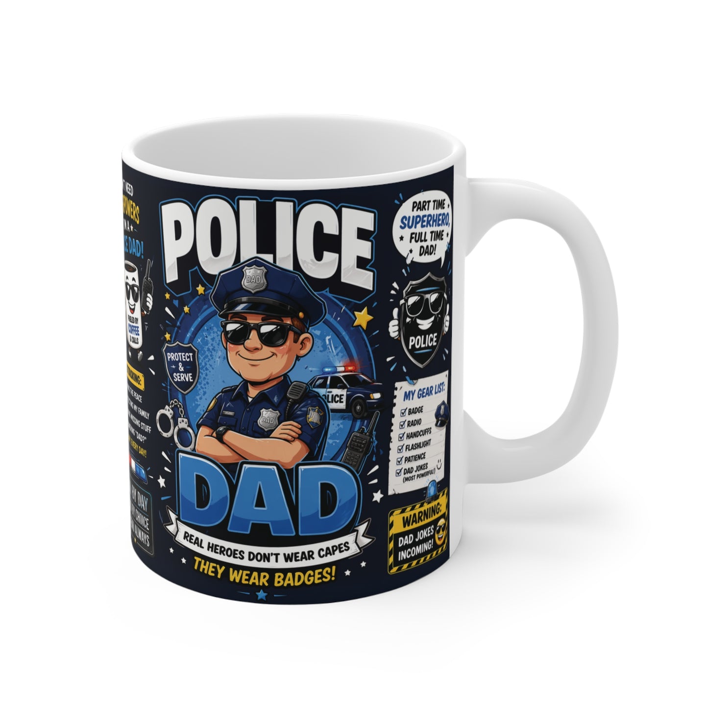 Police Dad Mug 11oz with cartoon cop design, funny law enforcement dad gift coffee mug for Father’s Day