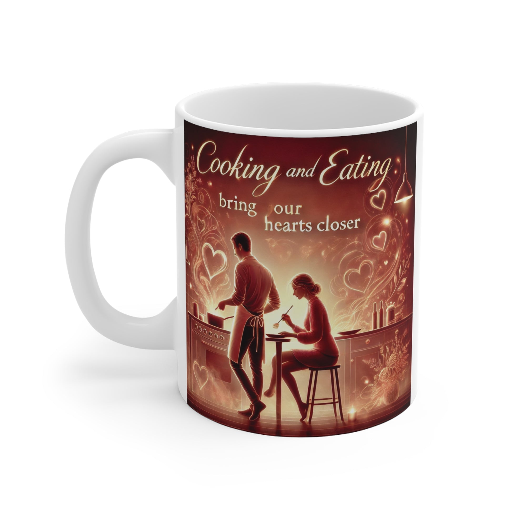 Romantic couple cooking and dining kitchen mug design with quote “Cooking and Eating bring our hearts closer” warm glowing illustration