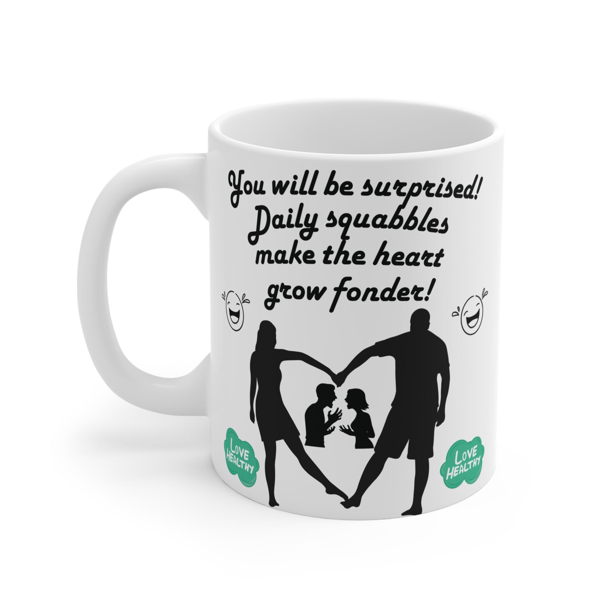 Humorous couple coffee mug featuring playful love quote and heart-shaped silhouette of family, cute gift idea