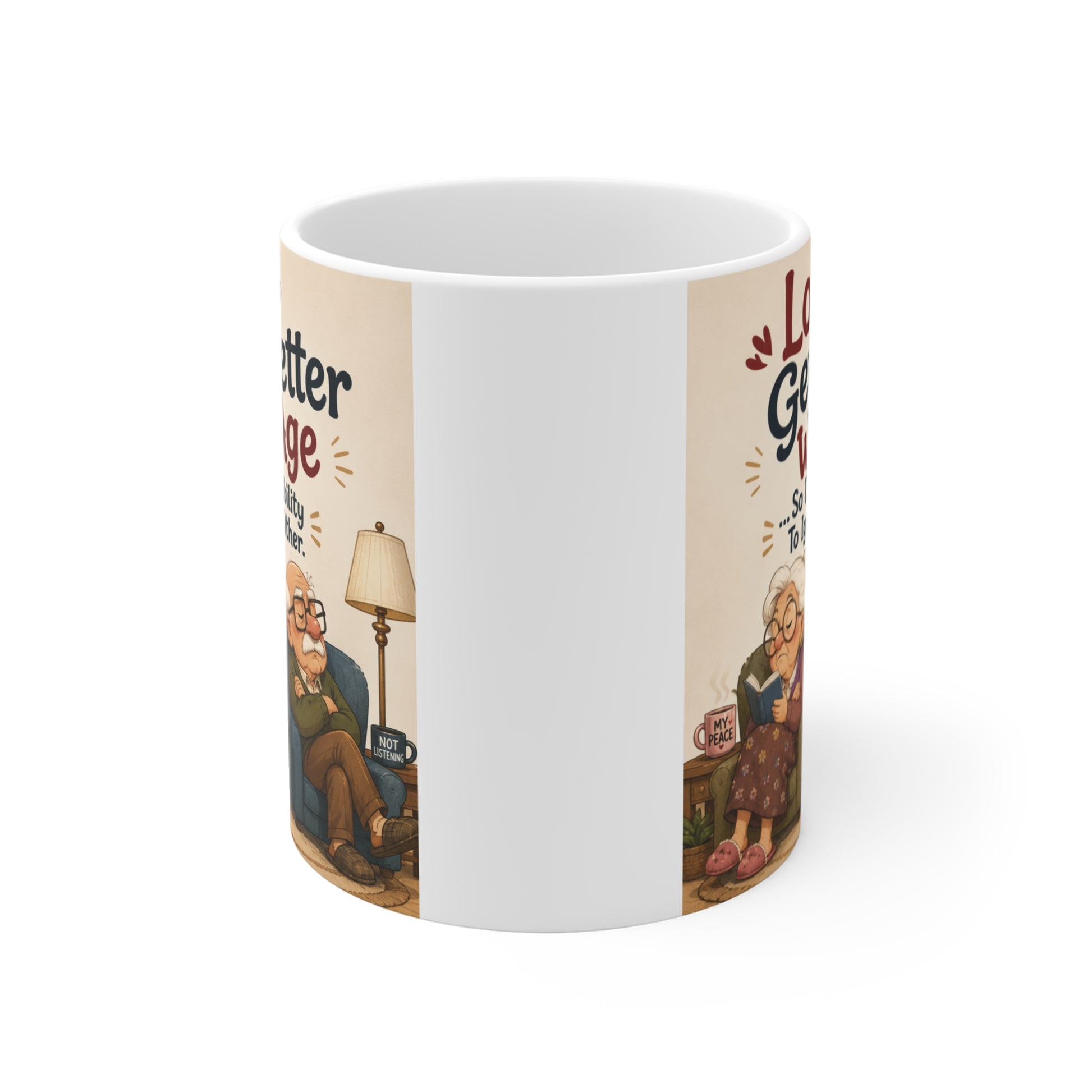 White ceramic coffee mug with adorable cartoon grandma and grandpa illustration and humorous marriage quote, ideal as a funny anniversary gift for couples, grandparents, husband, or wife.