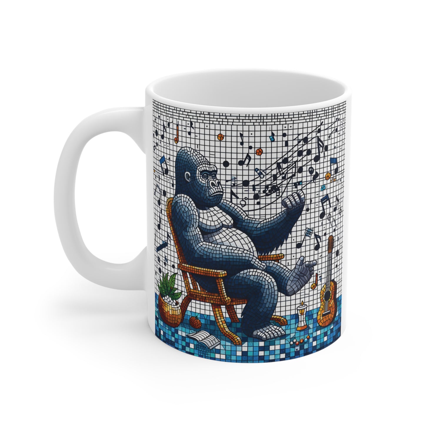 Music-themed gorilla mug with detailed mosaic artwork, combining playful primate art and musical elements for a fun and artistic coffee cup gift.