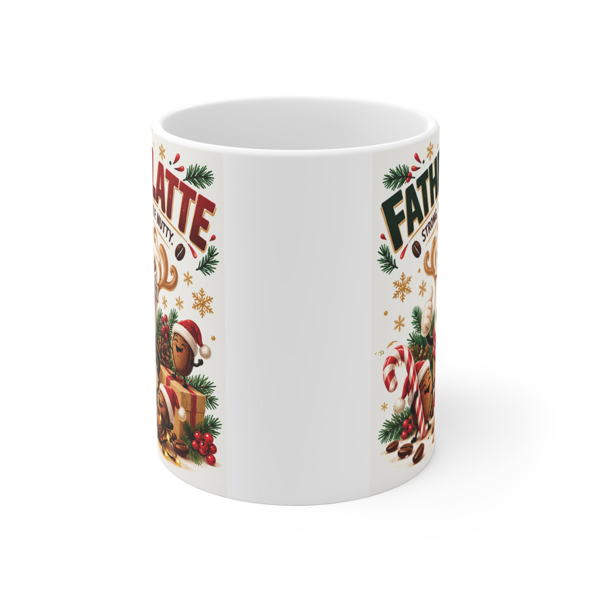 Funny Father-in-Latte coffee mug featuring a festive latte character, Christmas decorations and humorous gift design for Dad