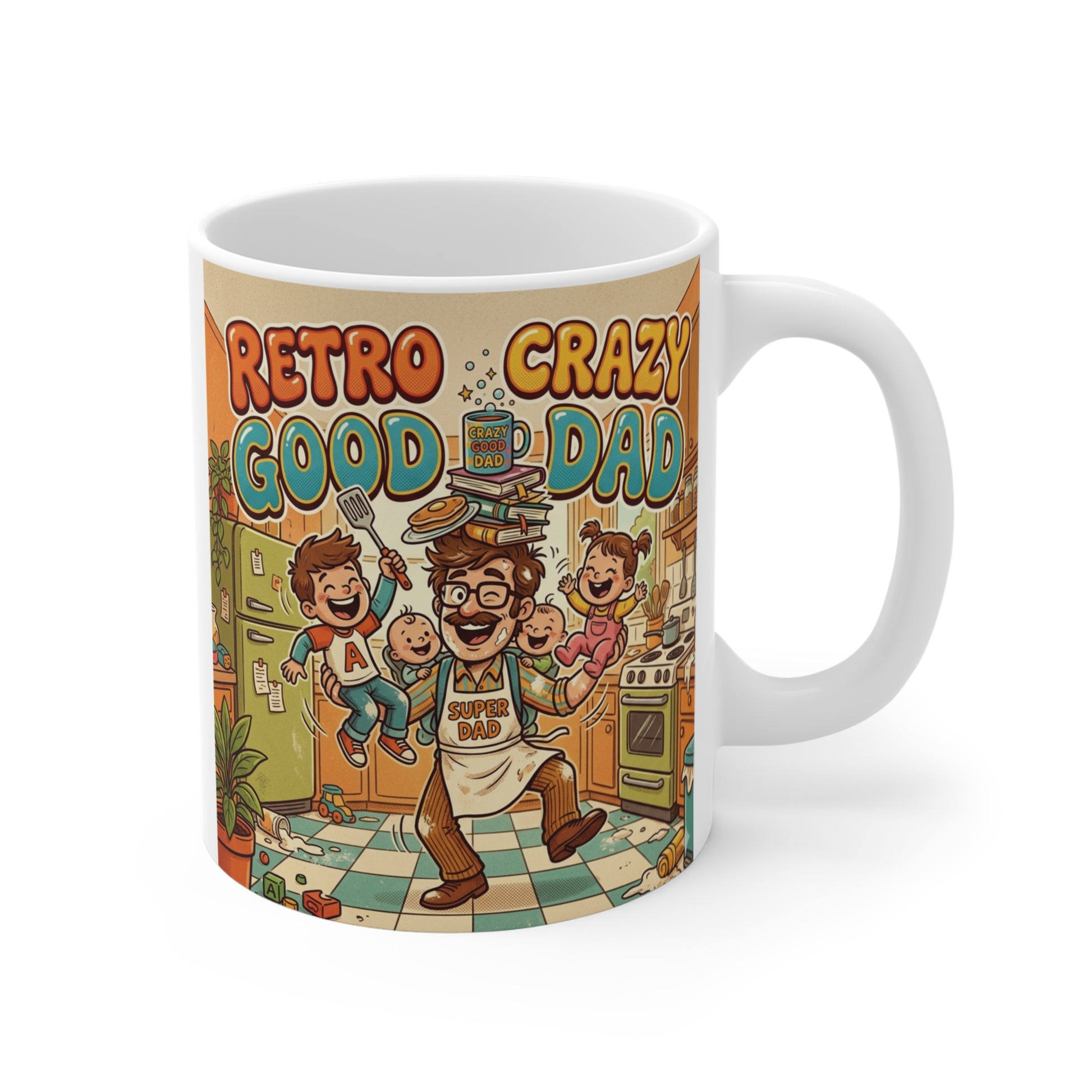 Retro Crazy Good Dad colorful 11oz ceramic coffee mug with vintage cartoon dad design