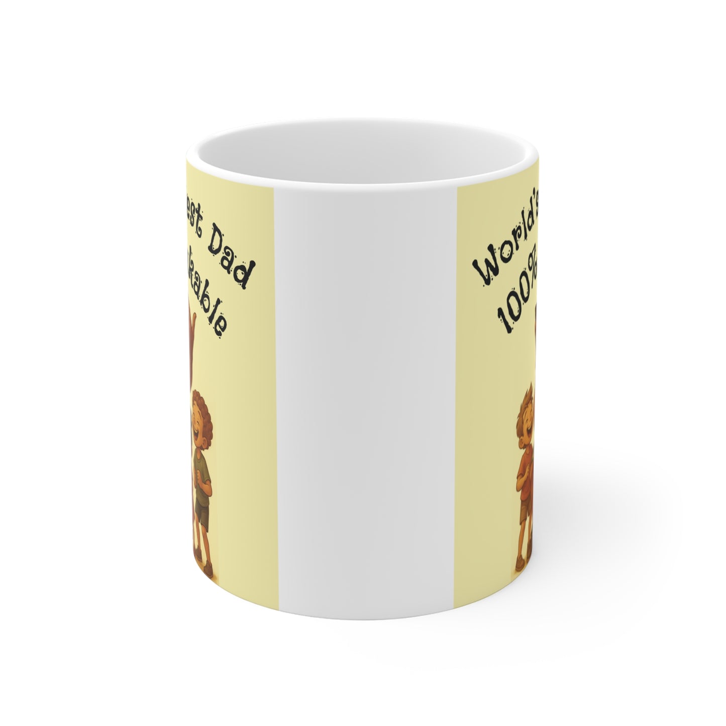 World's Happiest Dad" coffee mug featuring a 100% Unshakable quote and a cartoon of a smiling father with his kids. Ideal for Father’s Day gift ideas and novelty mugs for dads.