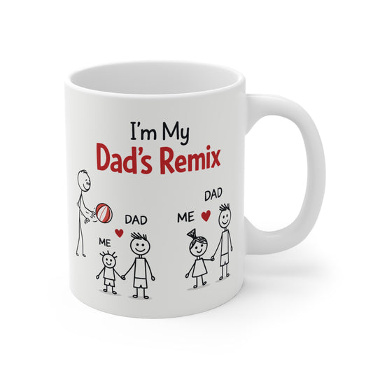 Funny dad mug with “I’m My Dad’s Remix” quote and stick figure father and child design, perfect Father’s Day gift from kids