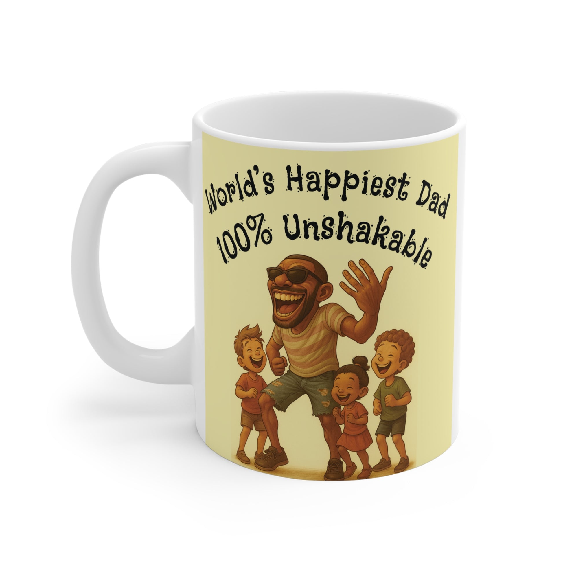 World’s happiest dad illustration with kids laughing, 100% unshakable father design, joyful family bonding concept
