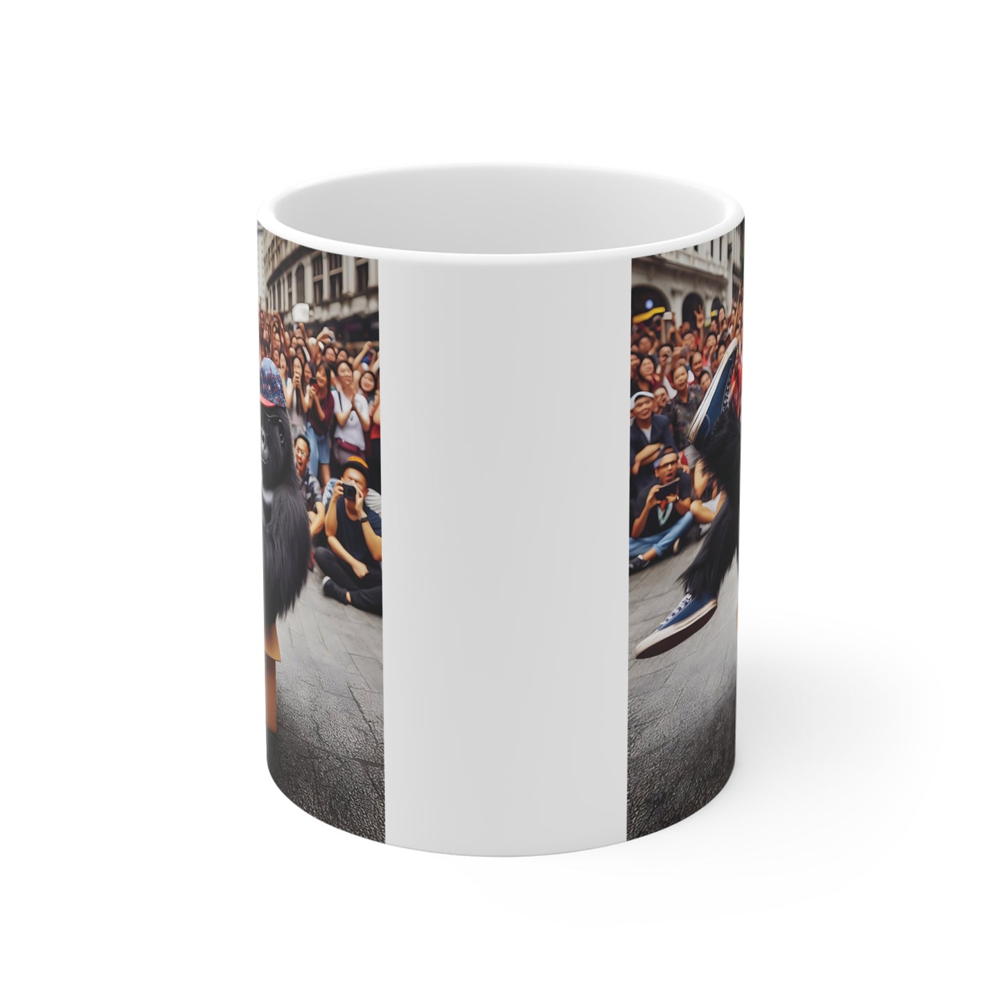 Hip hop gorilla mug design with stylish monkey character, street performance vibe, and urban crowd background perfect for funny animal gift ideas.