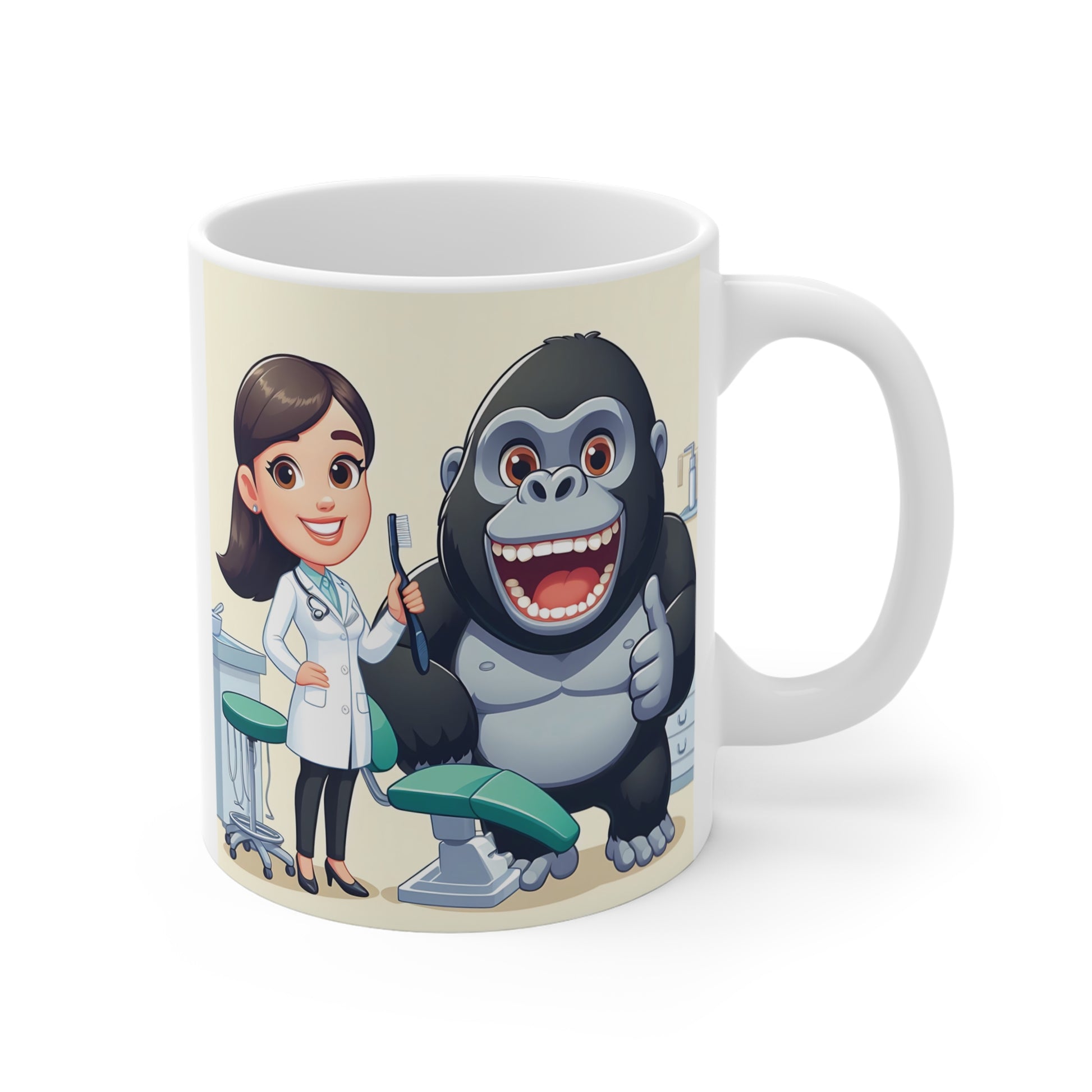 White ceramic mug featuring a cute cartoon dentist holding a toothbrush beside a smiling gorilla in a dental clinic.