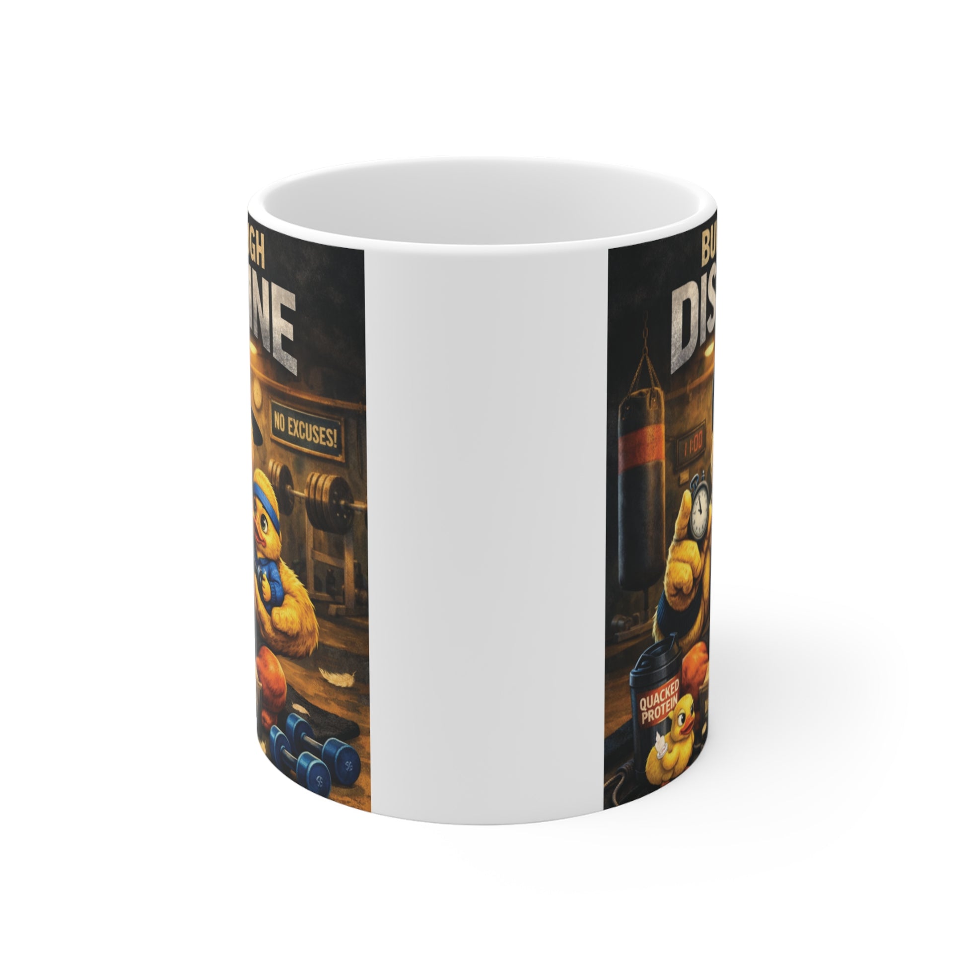 Funny motivational duck coffee mug with the quote "Built Through Discipline," glossy 11oz ceramic mug designed for daily coffee, office desk décor, and personal growth inspiration.