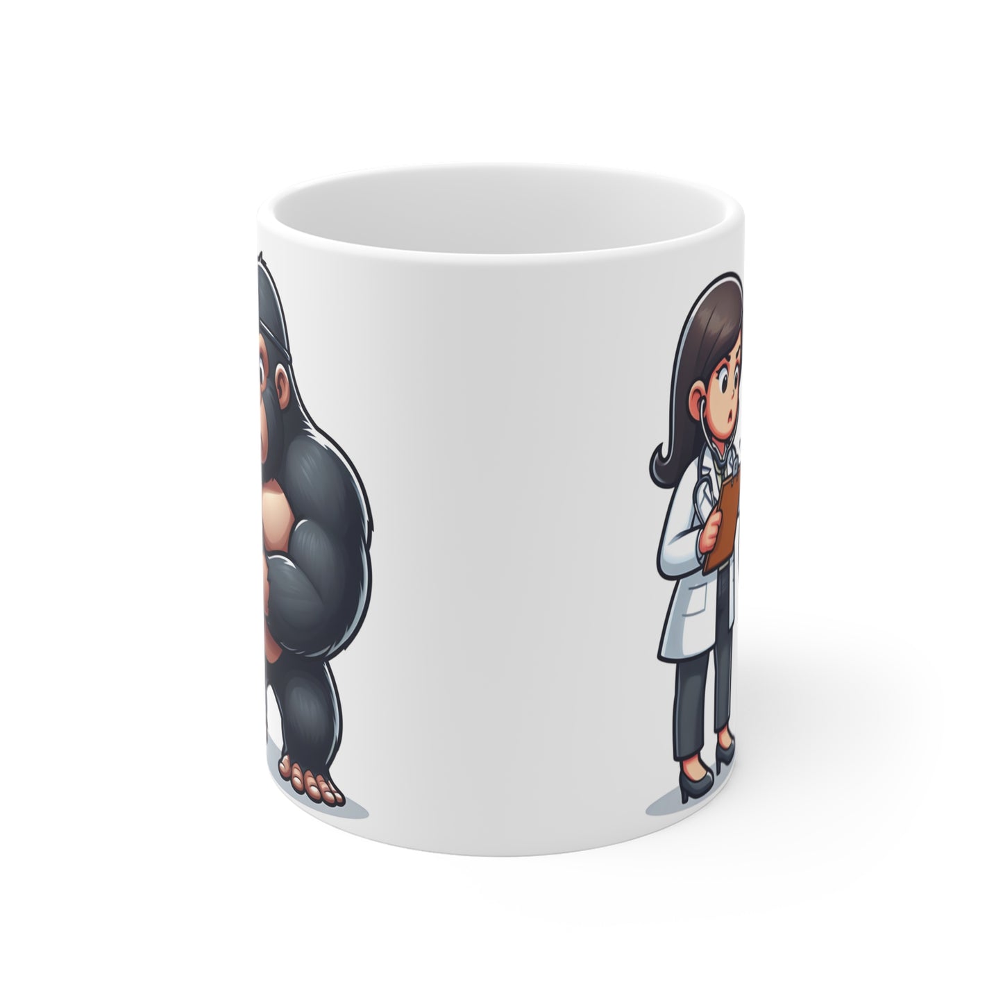 Humorous medical mug design with cartoon gorilla and nurse, playful doctor checkup scene, unique gift for healthcare workers