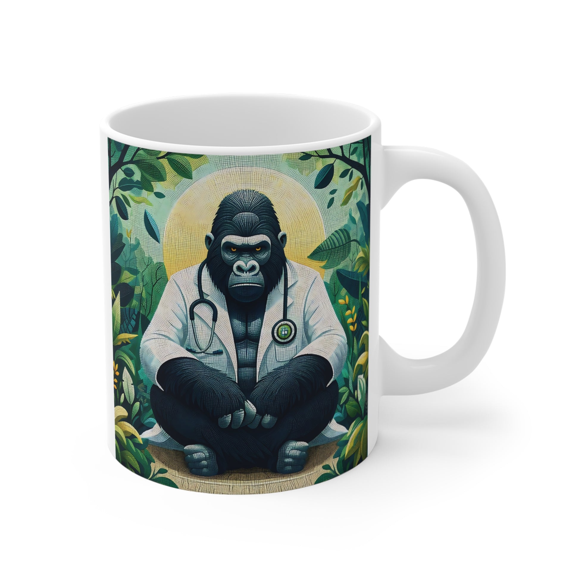Funny gorilla doctor mug featuring chimpanzee wearing lab coat and stethoscope in jungle setting