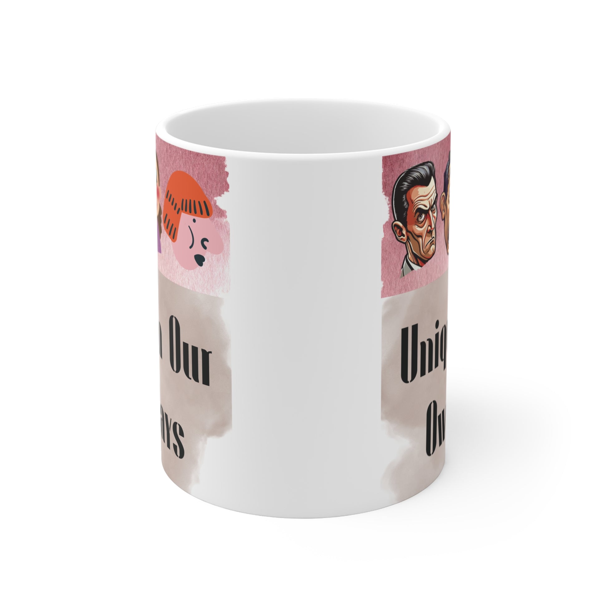 Creative coffee mug with diverse cartoon expressions and bold typography reading ‘Unique In Our Own Ways’ on a minimalist background