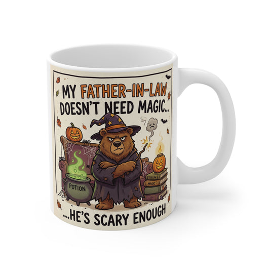 Funny Father-in-law Halloween 11oz coffee mug with grumpy bear wizard, potion, pumpkins and He’s Scary Enough quote.