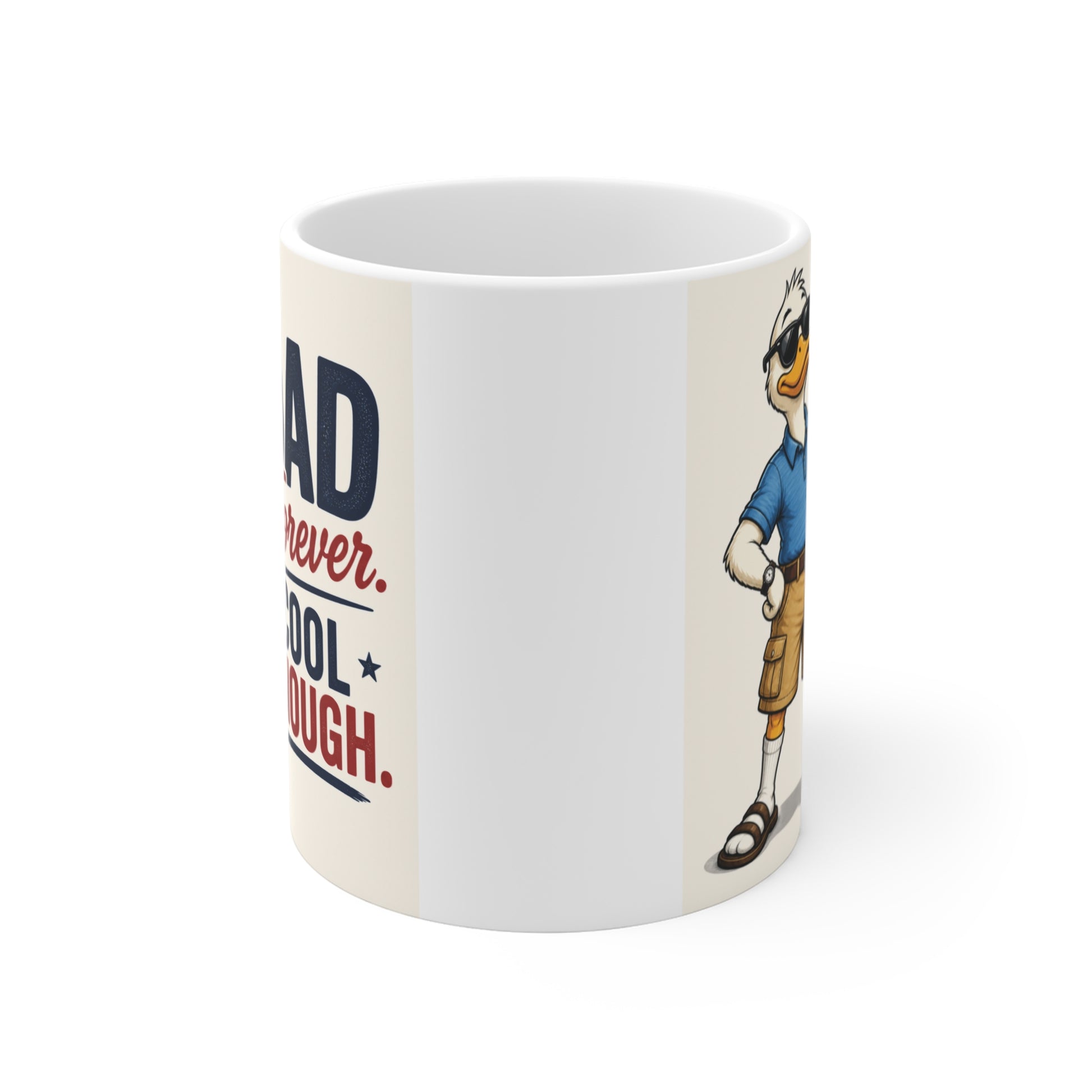 Novelty dad coffee mug with cartoon duck character and witty “Dad Forever Cool Enough” design for birthday or Christmas gift