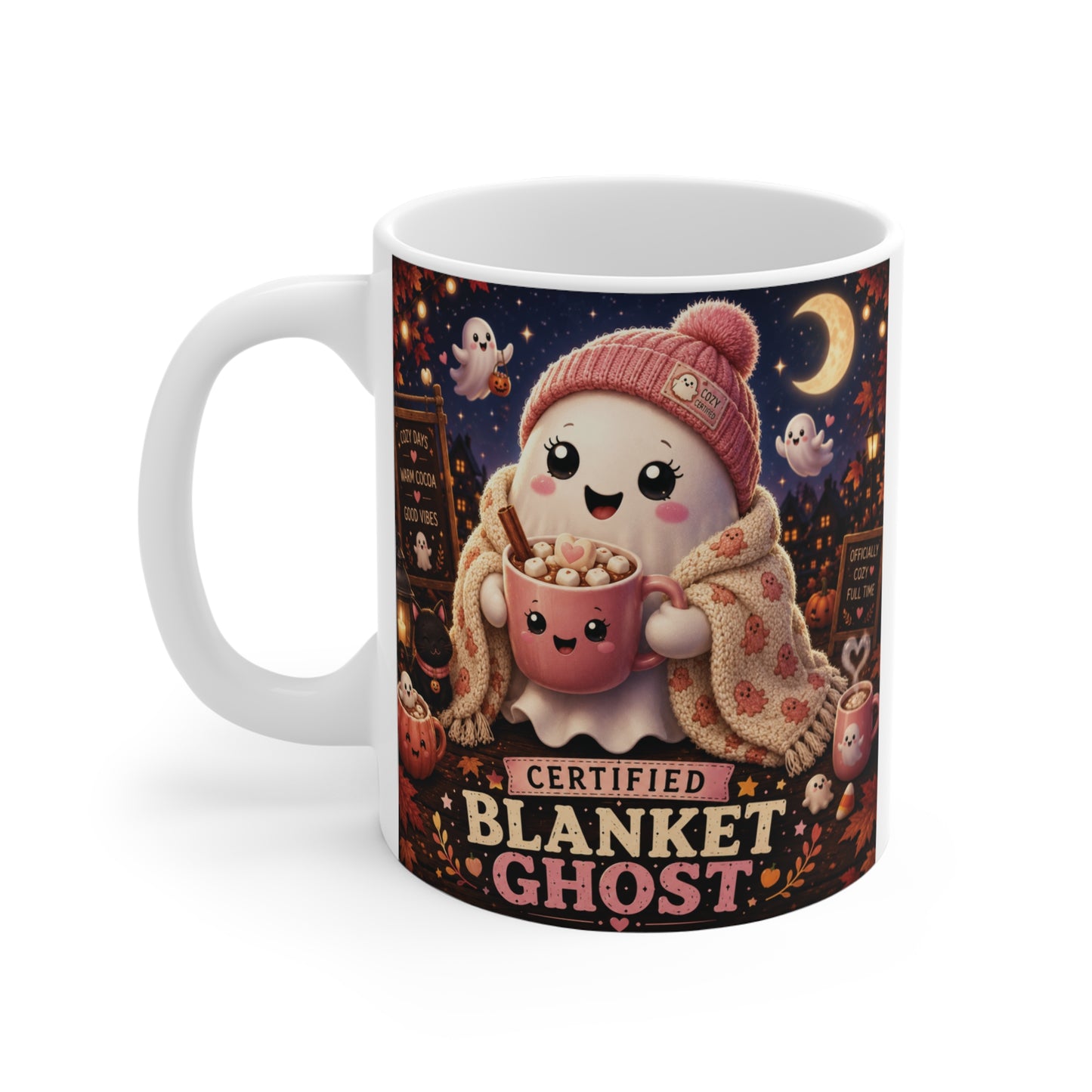 Kawaii ghost ceramic mug for coffee and tea lovers featuring an adorable blanket ghost, pumpkins, tiny ghosts, stars, and cozy autumn Halloween artwork.