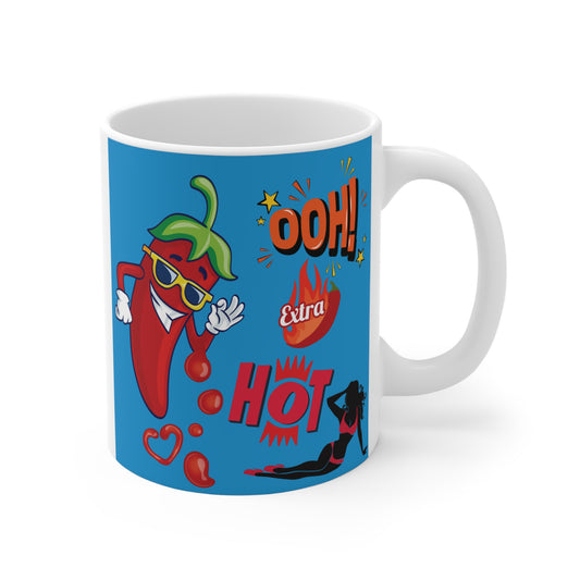 White ceramic mug featuring cartoon red chili pepper wearing sunglasses, text 'Ooh! Extra Hot,' flames, and reclining woman silhouette on bright blue background.