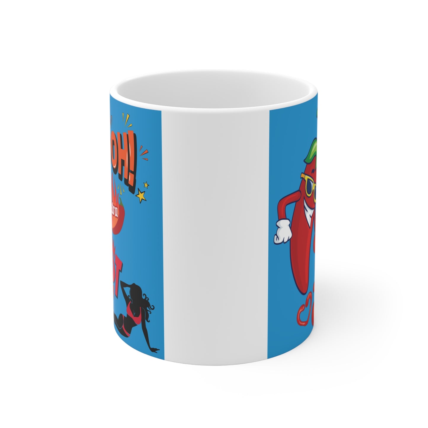 Gift mug with vibrant design of spicy chili pepper, fire graphic, text 'Ooh! Extra Hot,' and black silhouette of woman in swimsuit on blue cup