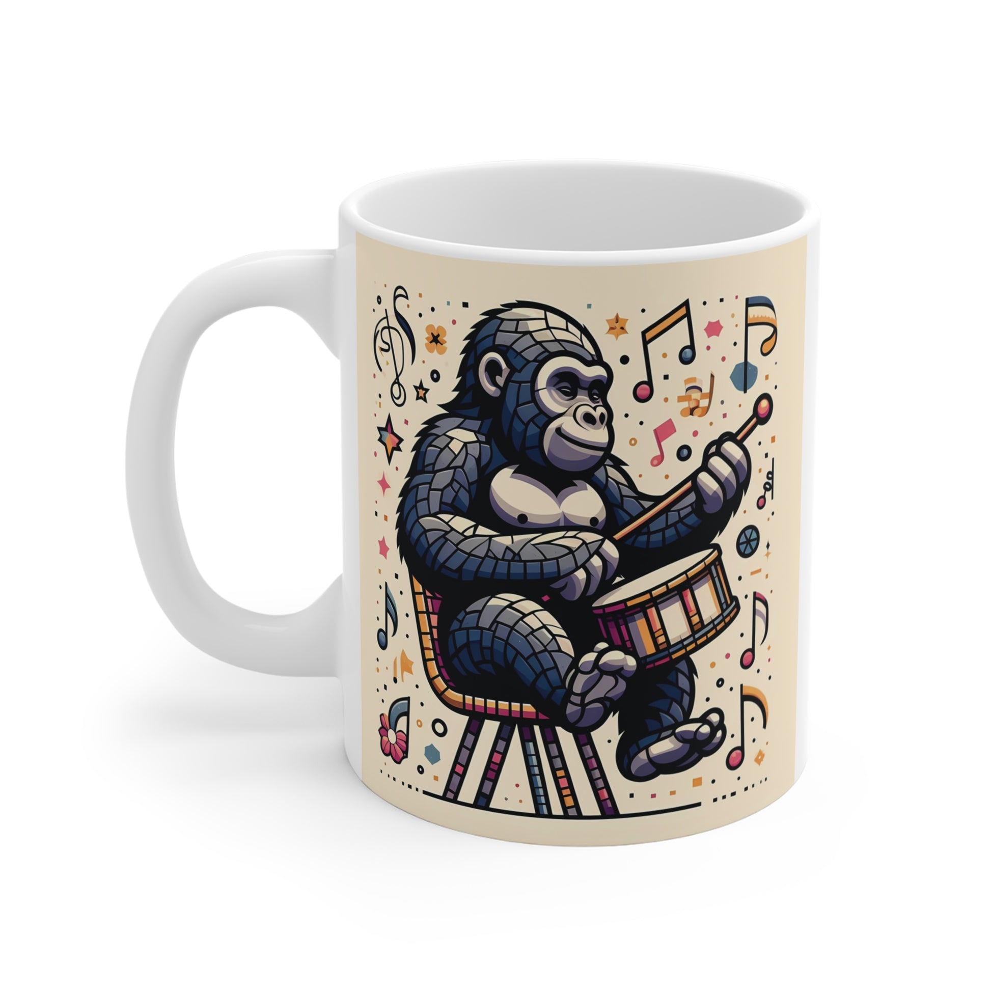 Cartoon gorilla musician coffee cup with drum, music notes, and playful animal artwork for music lovers