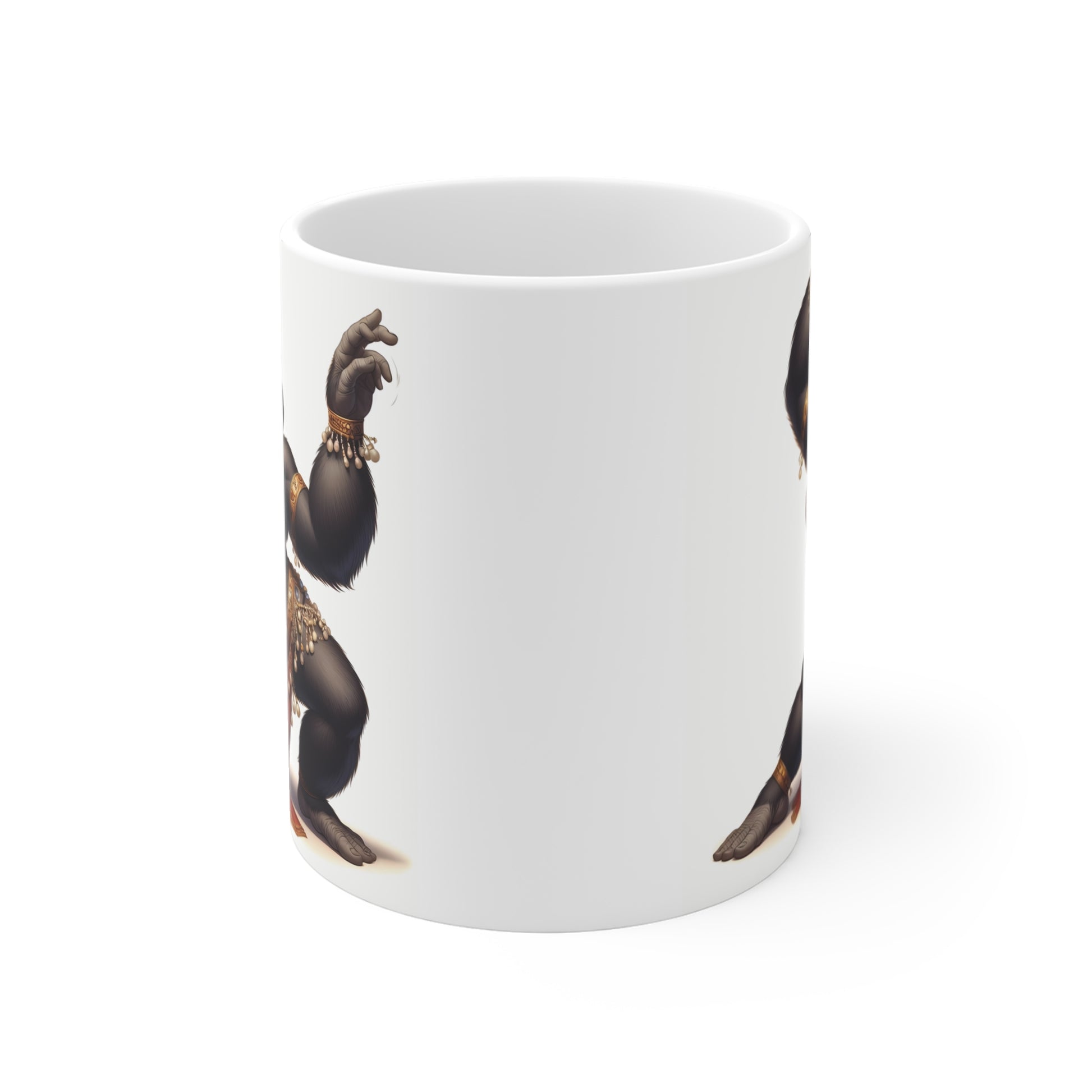 Artistic gorilla dancer illustration printed on 11oz mug with ornate accessories and dramatic pose – creative ape lover coffee mug