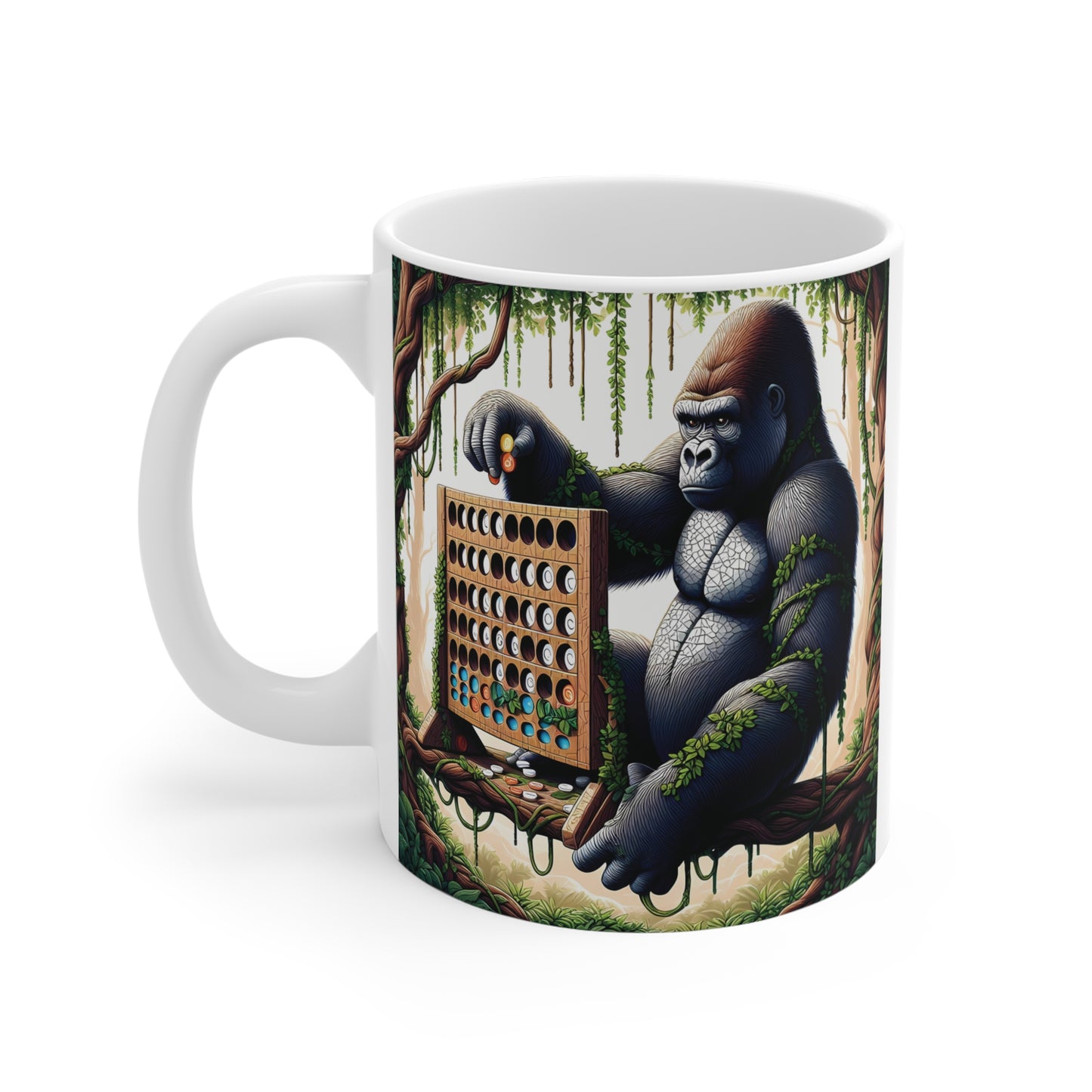 Funny Gorilla Board Game Mug – Gorilla Playing Connect Four in Jungle Artwork Ceramic Mug for Coffee, Tea, and Office Desk Decor
