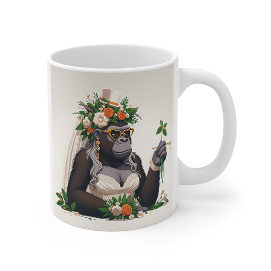 Funny gorilla bride mug featuring a gorilla in a wedding dress with flowers, sunglasses, and bridal veil on a white ceramic cup.