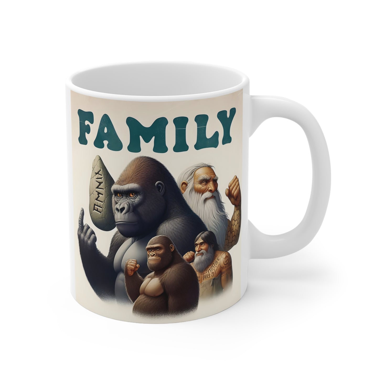 White ceramic mug featuring a powerful gorilla alongside ancient human ancestors and a carved stone marked “Family,” creating a unique evolution-themed artwork for primate enthusiasts.