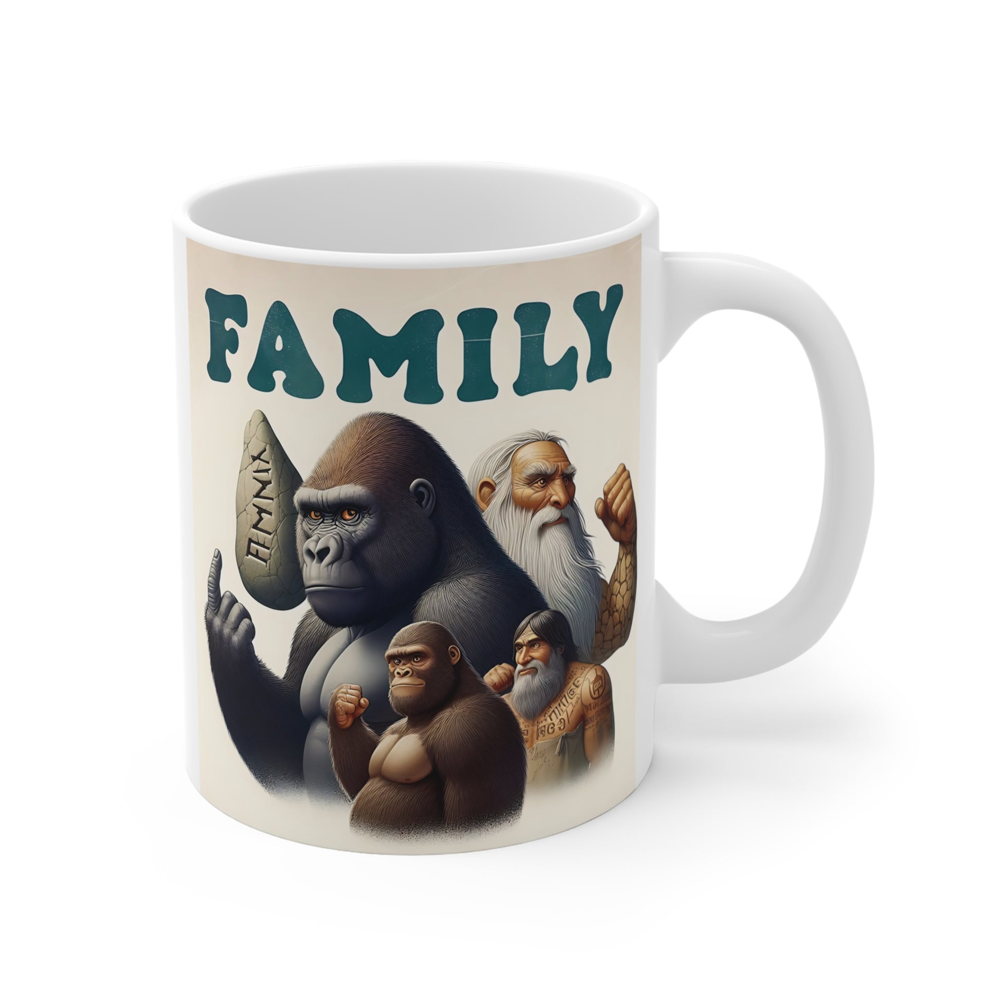 White ceramic mug featuring a powerful gorilla alongside ancient human ancestors and a carved stone marked “Family,” creating a unique evolution-themed artwork for primate enthusiasts.