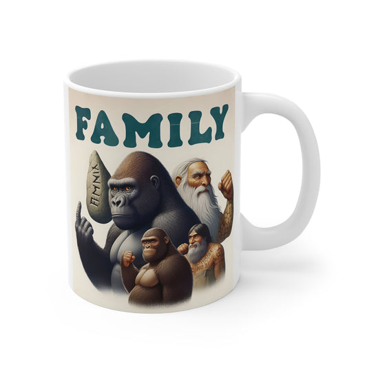 White ceramic mug featuring a powerful gorilla alongside ancient human ancestors and a carved stone marked “Family,” creating a unique evolution-themed artwork for primate enthusiasts.