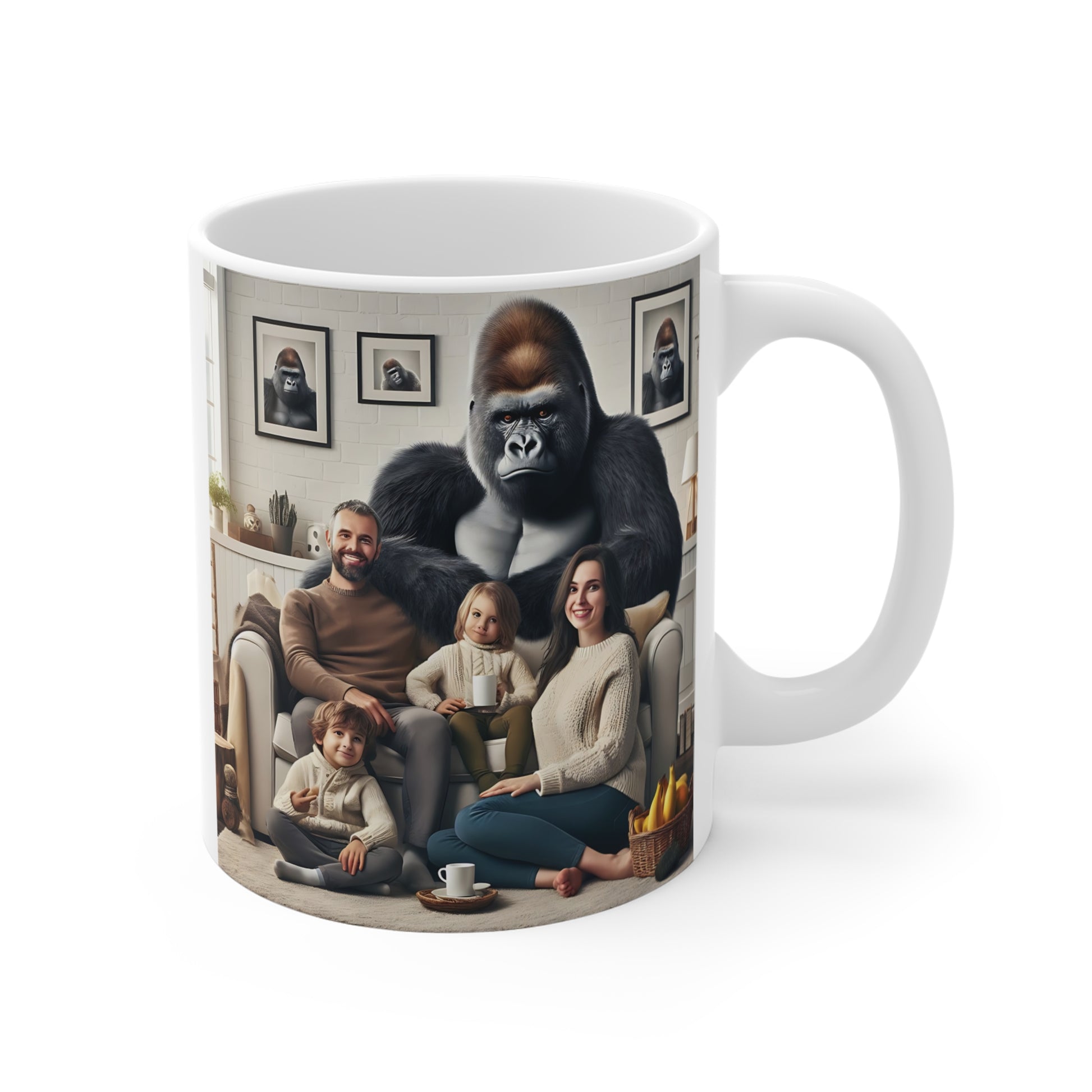 Humorous coffee mug featuring a giant gorilla posing with a smiling family in a cozy living room, creating a unique and playful family portrait design.