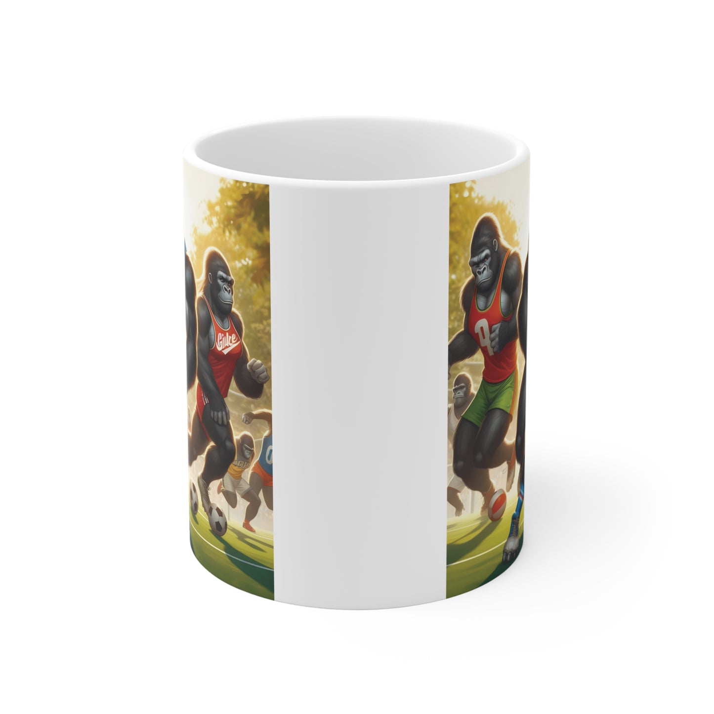 Funny gorilla football mug with athletic ape soccer team artwork, colorful sports illustration for coffee and tea lovers
