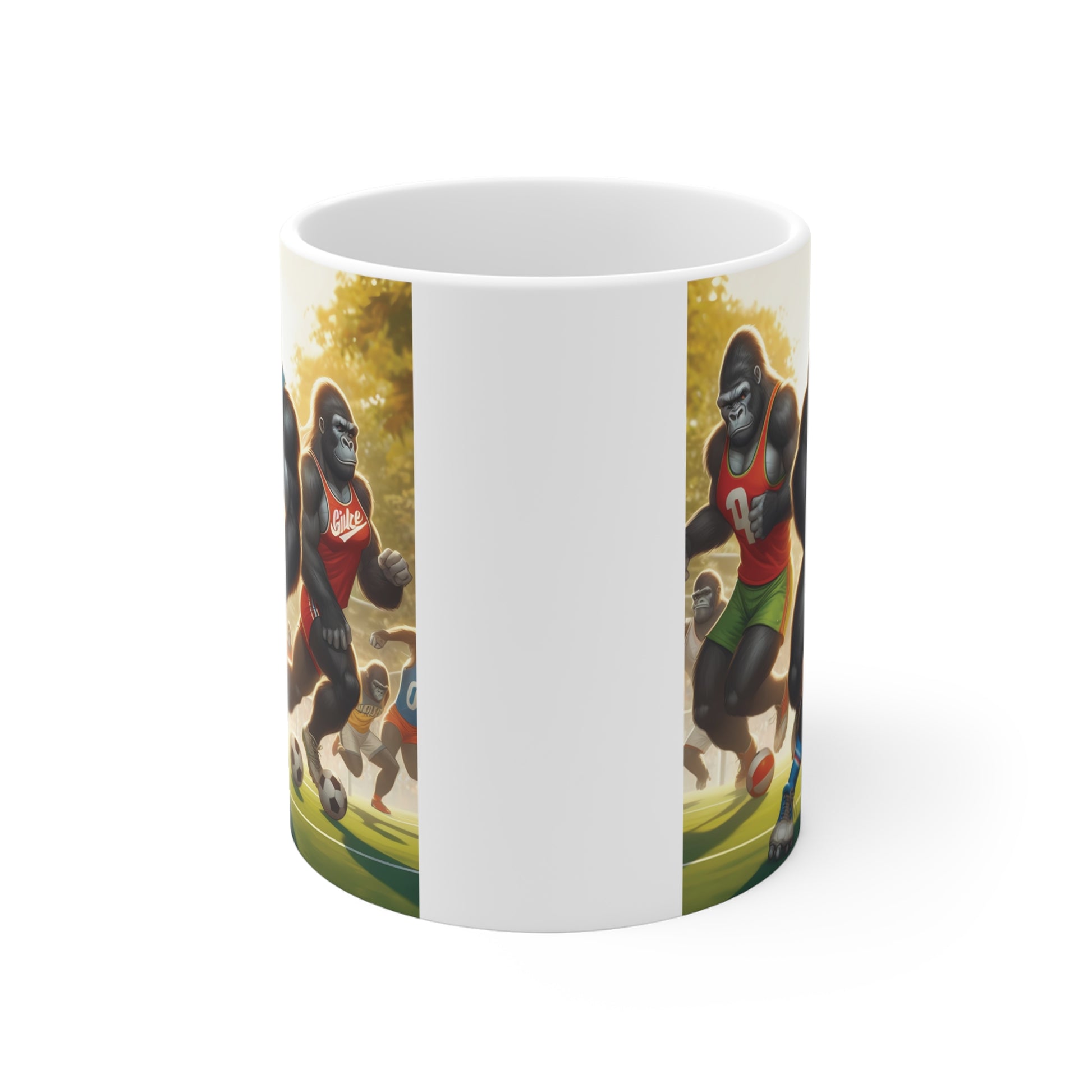 Funny gorilla football mug with athletic ape soccer team artwork, colorful sports illustration for coffee and tea lovers