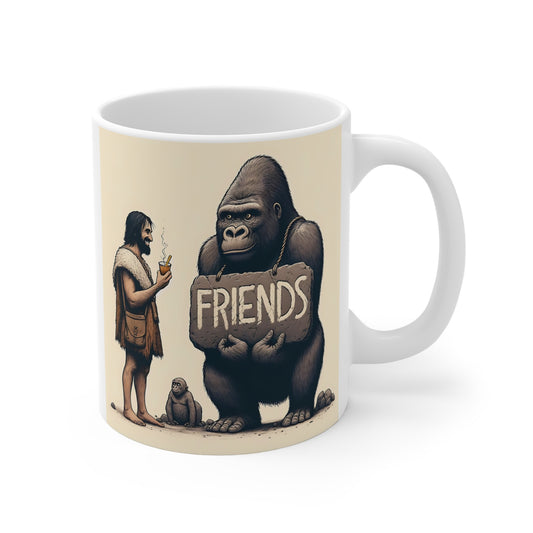 Funny Gorilla Friends Mug – Gorilla Holding “Friends” Sign with Caveman Illustration Ceramic Coffee Mug