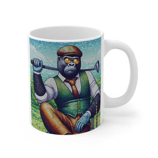 Funny gorilla golfer 11oz ceramic coffee mug with vintage golf outfit