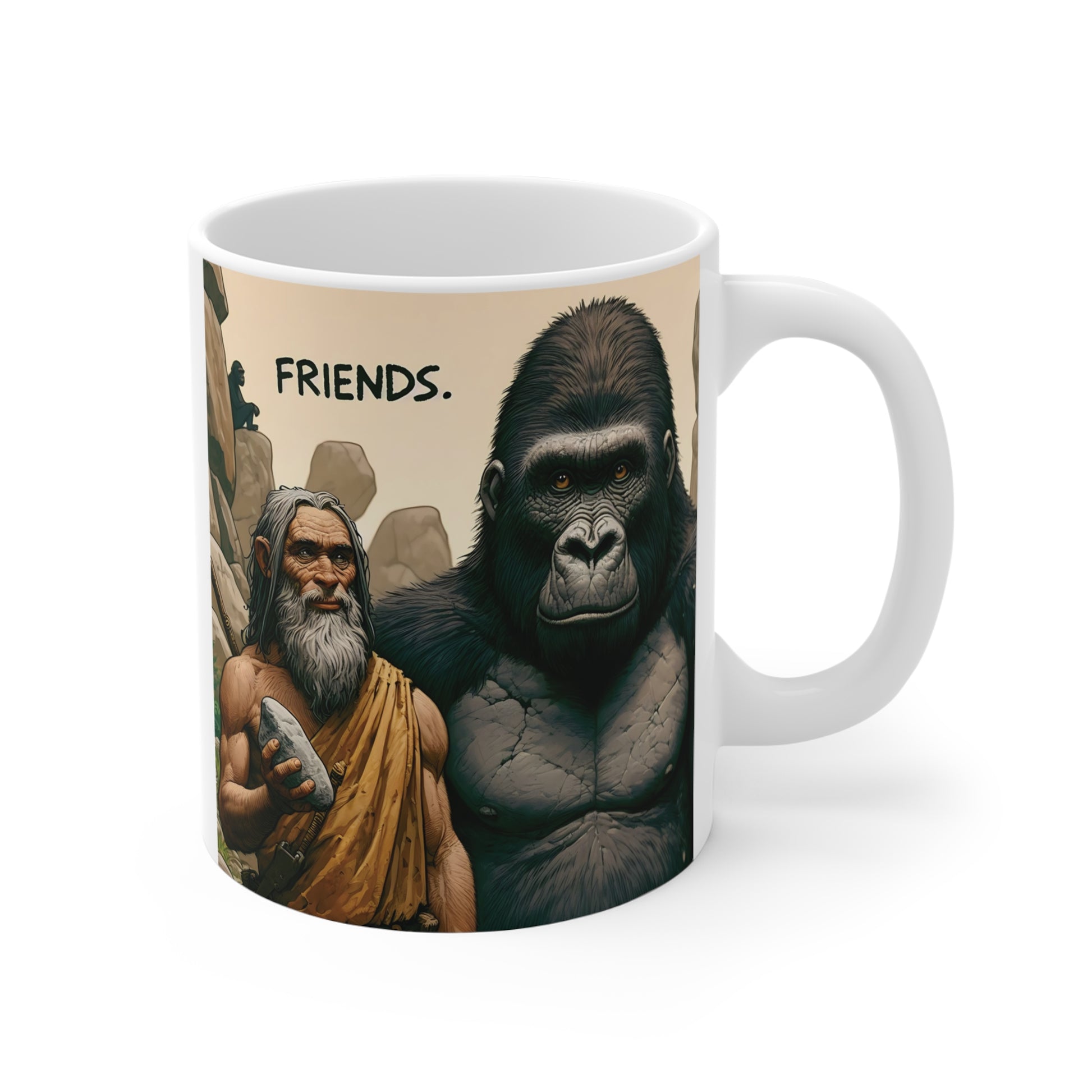 Funny gorilla and caveman coffee mug with “Friends.” quote featuring prehistoric artwork and realistic ape illustration on ceramic mug.