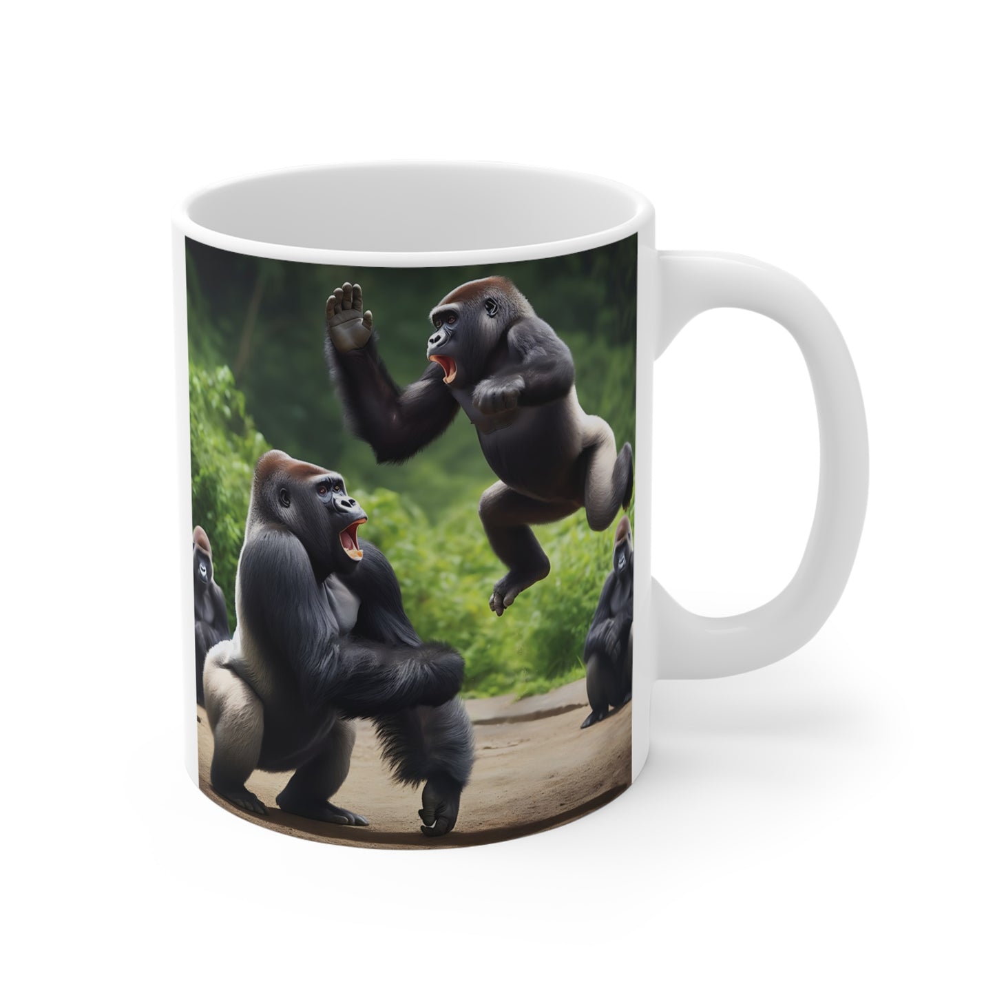 Funny gorilla coffee mug featuring playful jumping ape artwork in a jungle setting, perfect for animal lovers and unique gift ideas.