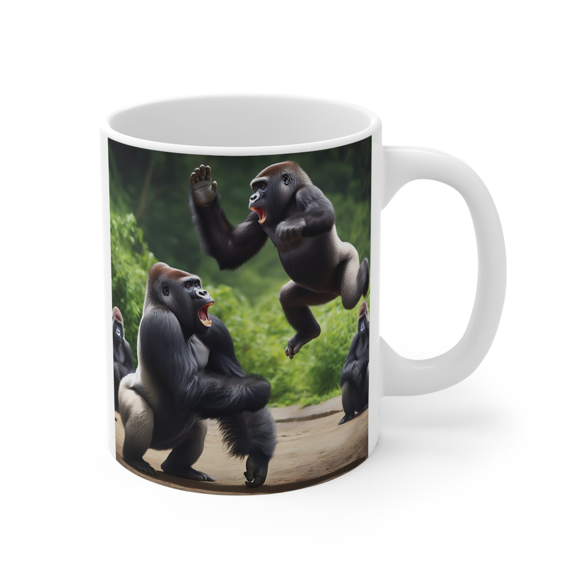 Funny gorilla coffee mug featuring playful jumping ape artwork in a jungle setting, perfect for animal lovers and unique gift ideas.