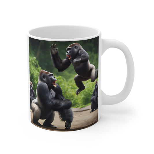 Funny gorilla coffee mug featuring playful jumping ape artwork in a jungle setting, perfect for animal lovers and unique gift ideas.