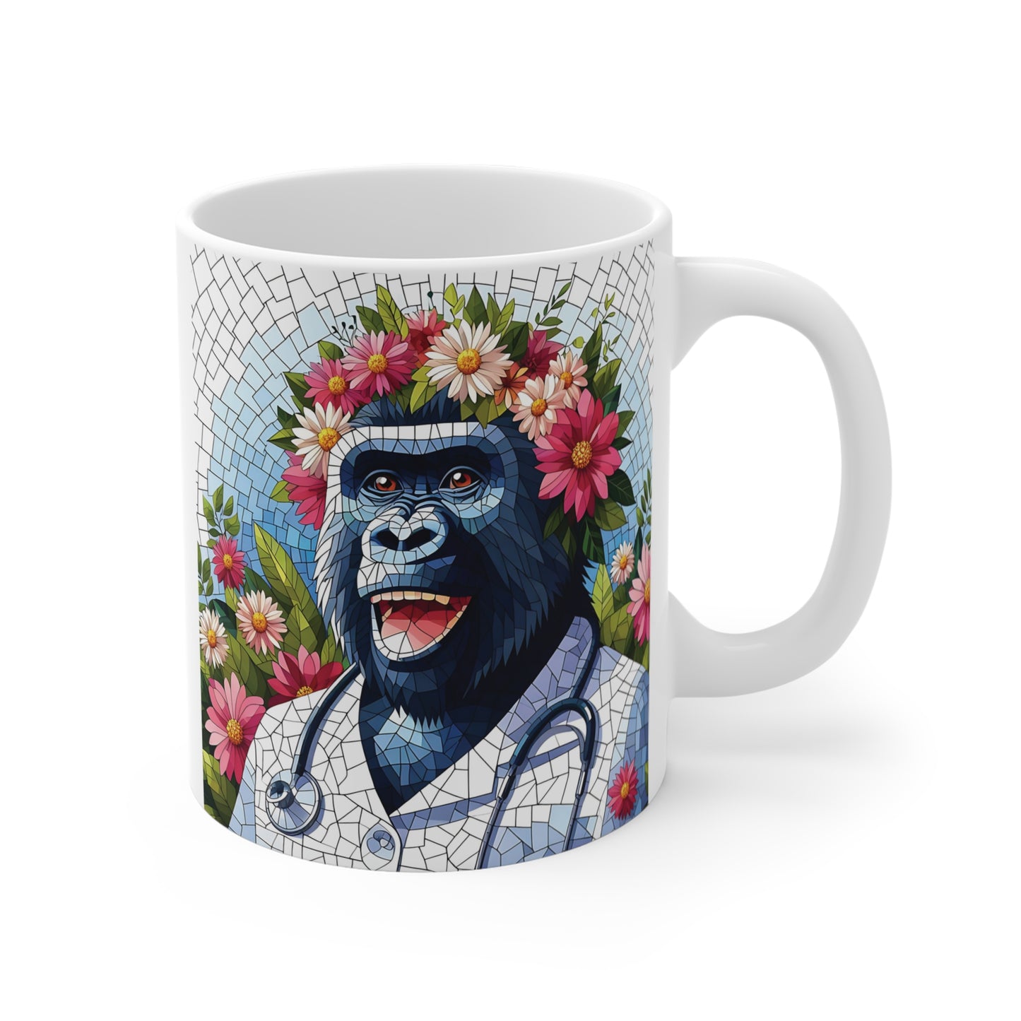 Colorful mosaic-style gorilla nurse wearing a stethoscope and flower crown printed on a white ceramic coffee mug.