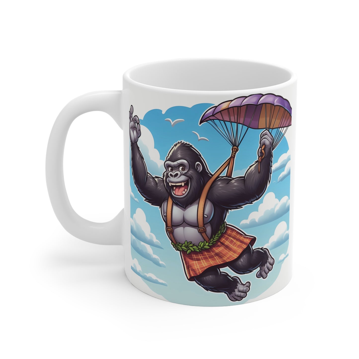 Humorous gorilla parachute mug with colorful cartoon ape illustration, flying through the sky in a fun fantasy style ceramic coffee cup design.